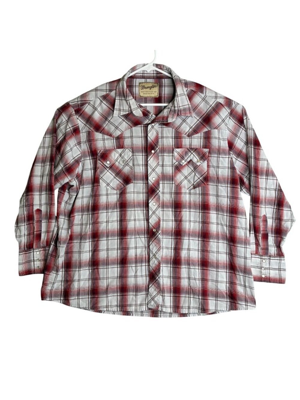 Wrangler Mens 2XL Western Plaid Snap Shirt Red Gray Cotton Blend Long Sleeve - Picture 1 of 7